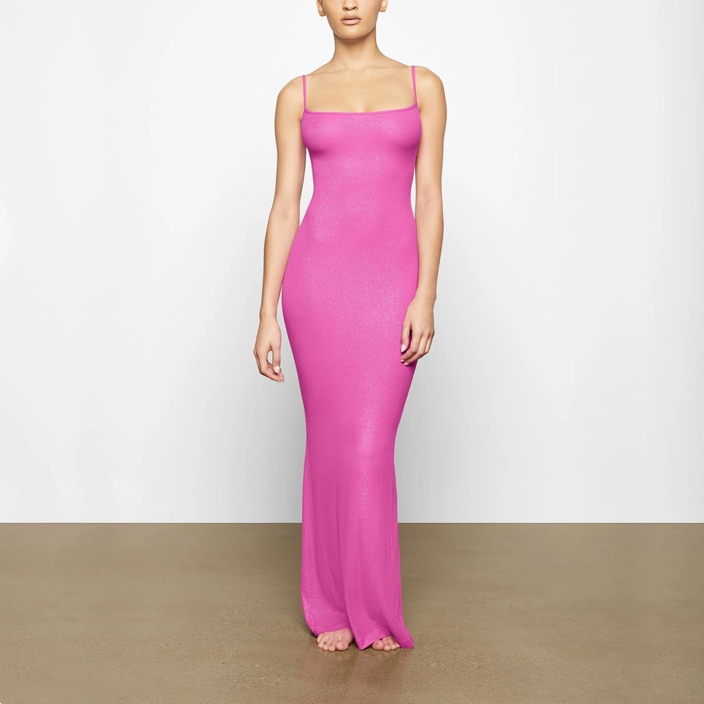 SKIMS SOFT LOUNGE SHIMMER LONG SLIP DRESS (COLOUR: FUCHSIA)